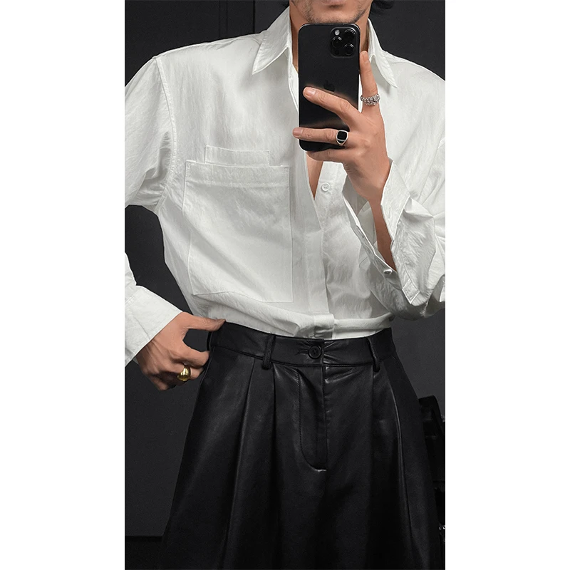 龙叨叨2024春季新品简约休闲纯色长袖衬衫 高级感痞帅百搭衬衣男