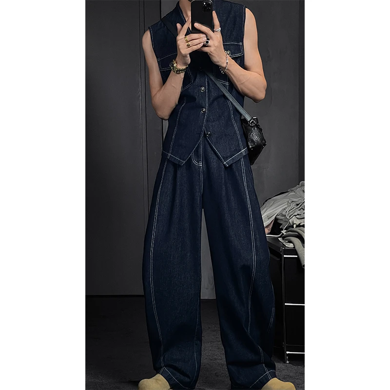 龙叨叨2024夏季新款无袖坎肩马甲休闲复古宽松设计感牛仔裤套装