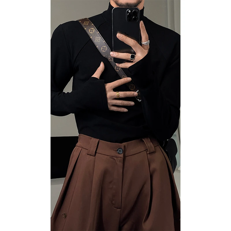 龙叨叨2024秋冬新品高级感黑色高领打底衫修身简约百搭长袖T恤男