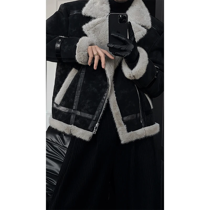 龙叨叨2024冬季新品原创设计款机车夹克皮毛一体保暖翻领立领外套