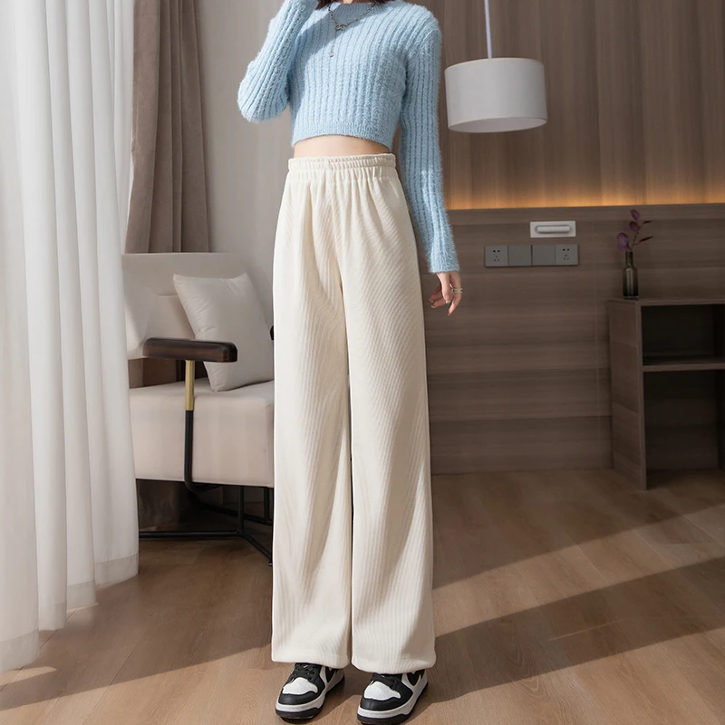 秋冬雪尼尔休闲裤女加绒高腰显瘦垂感阔腿裤宽松灯芯绒加厚直筒裤