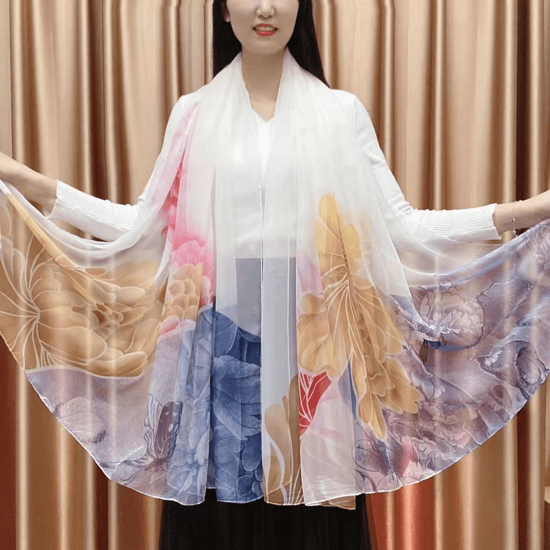 升级款优柔纱春季大尺寸丝巾130*180CM 飞花蝶影 米白