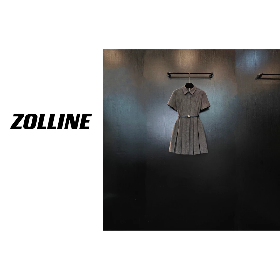 ·夏季轻奢翻领短袖单排暗扣压褶设计收腰女装连衣裙·0985