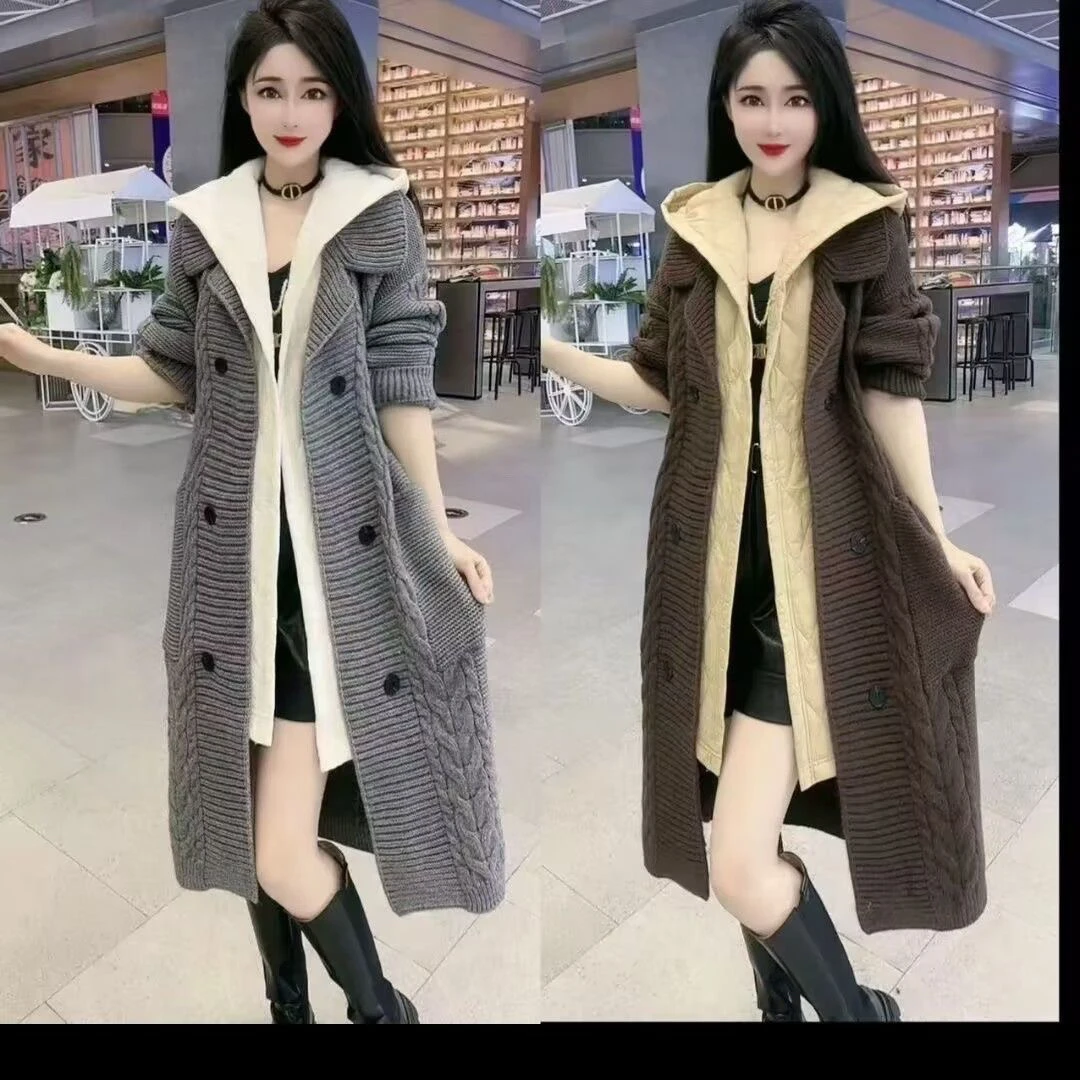 秋冬高级新款长款气质慵懒加厚毛衣开衫外套宽松针织连帽假两件潮