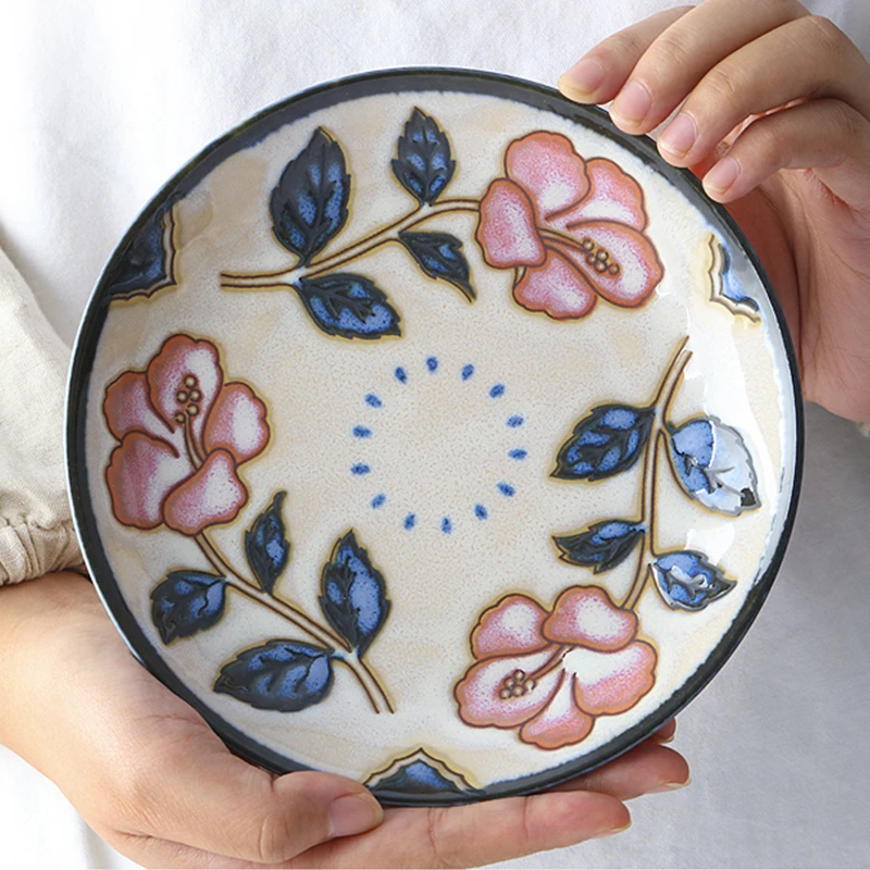冲绳玫瑰花日式餐具和风陶瓷平盘16.5cm 拍一发二