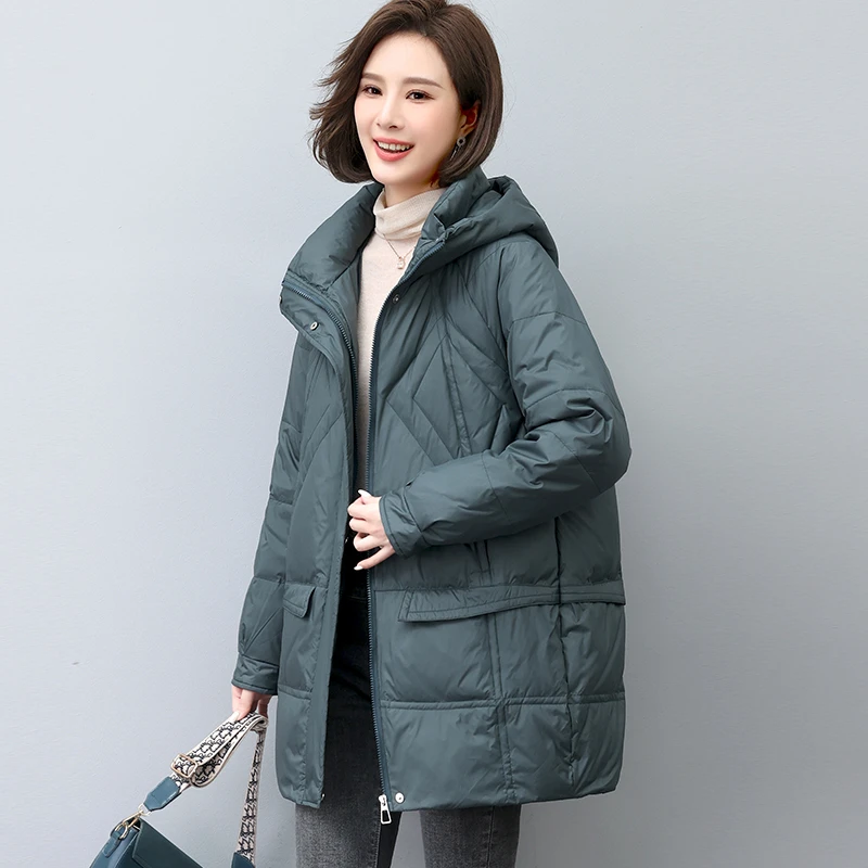 【90白鸭绒】韩版连帽中长款羽绒服女秋冬季加厚保暖洋气妈妈外套