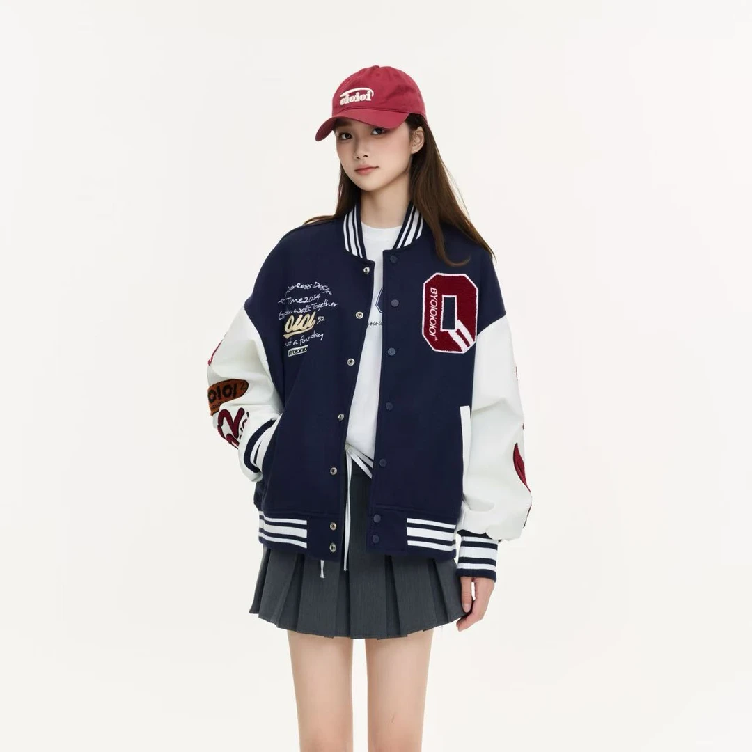 byo!oi OIOI美式学院毛呢棒球服女秋冬重磅宽松复古撞色拼接外套