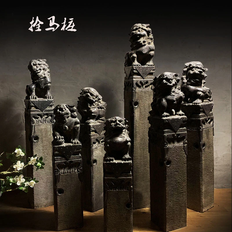 (包邮)拴马桩石雕貔貅狮子麒麟栓马桩仿古青石做旧四神兽柱子石