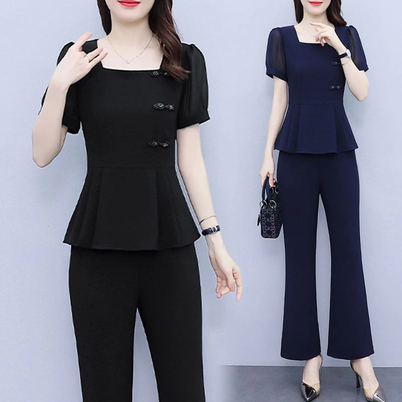 2023夏新款洋气大码女装修身显瘦遮肚气质微胖中老年妈妈时尚套装