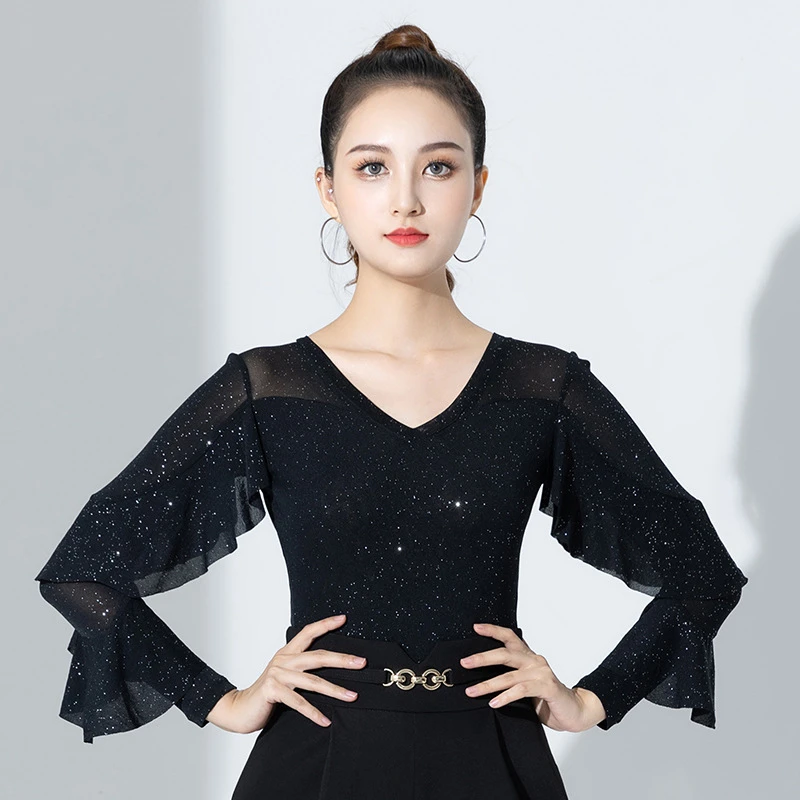 拉丁舞服新款女成人国标舞上衣交谊摩登舞长袖连体衣上装演出秋冬