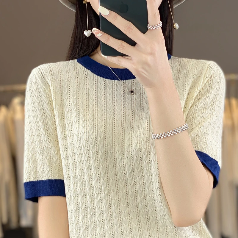 早秋小香风短袖针织衫女薄款夏季宽松时尚复古麻花镂空T恤上衣