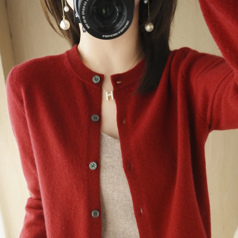 【初秋现货】新款显瘦长袖开衫女短外套毛衣圆领纯色外搭针织衫上衣