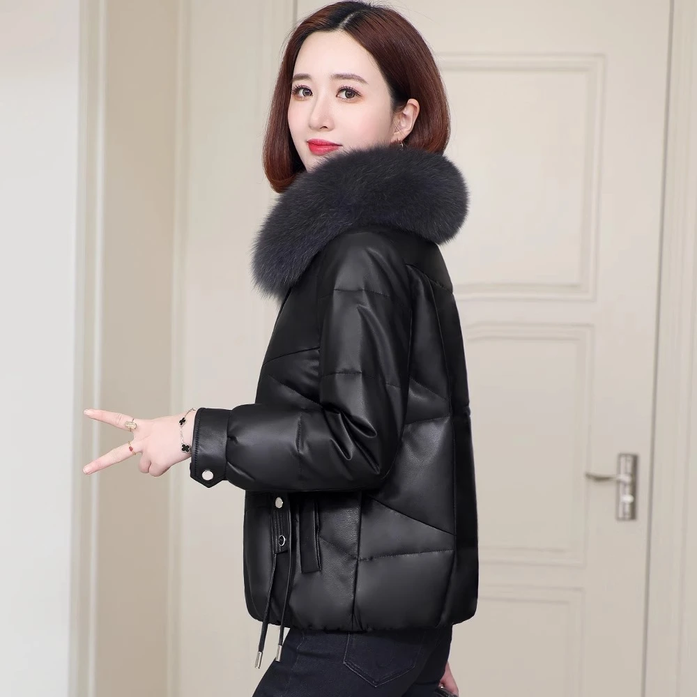 女士大码真皮羽绒服狐狸毛帽檐真皮皮衣女外套绵羊皮修身妈妈装