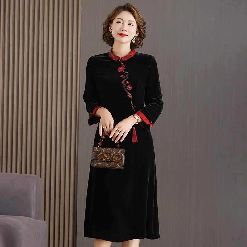 2025新款金丝绒连衣裙秋装女高贵洋气桑蚕丝时尚妈妈高端真丝大褂