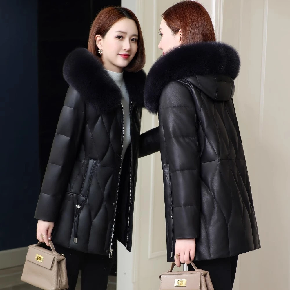 海宁真皮羽绒服女2025冬新款中老年妈妈皮草绵羊皮外套中长款皮衣