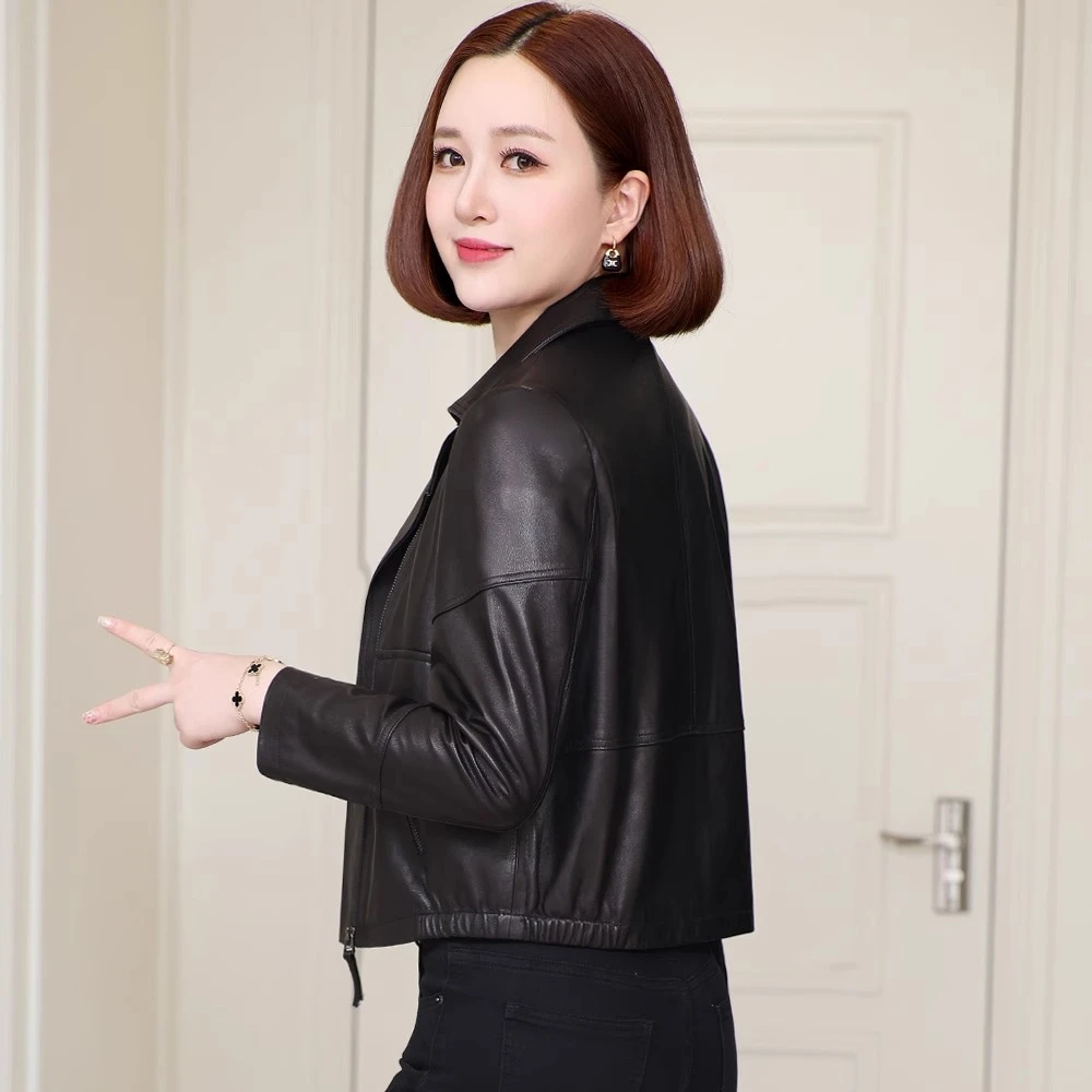 2025春秋装新款小个子绵羊皮修身机车服皮夹克真皮皮衣女短款外套