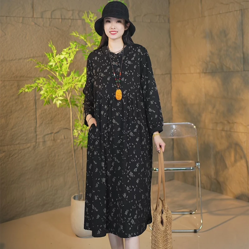 秋季新款时尚大码复古长袖气质中长款休闲织花宽松连衣裙