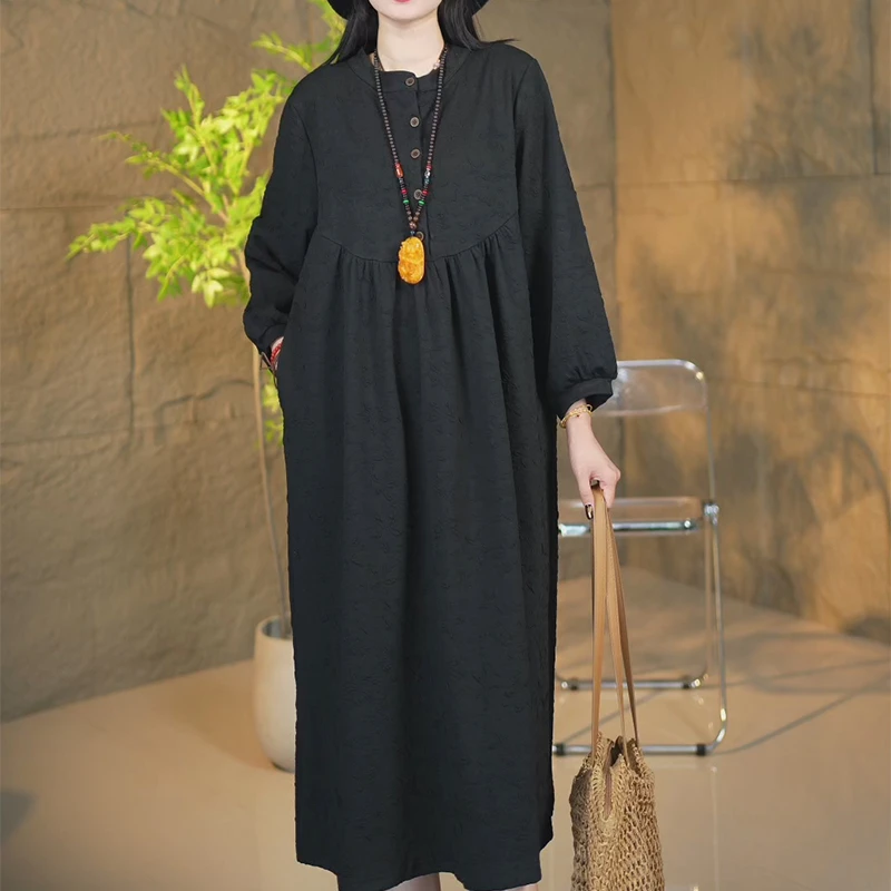 秋季新款显瘦长袖休闲复古提花中长款大码民族风宽松连衣裙
