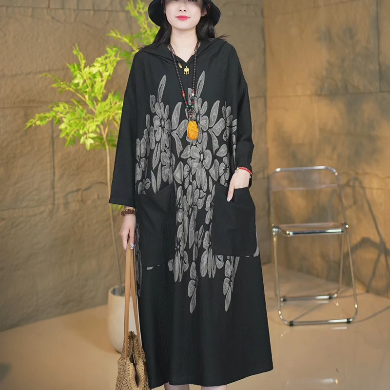 秋季大码复古连帽宽松加厚中国风秋冬时尚休闲显瘦连衣裙