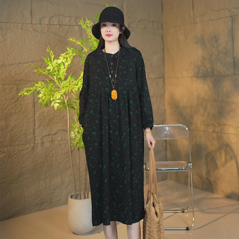宽松显瘦时尚大码复古秋季新款长袖气质中长款休闲织花宽松连衣裙