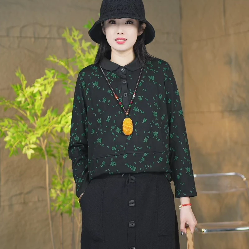 秋冬新款休闲时尚百搭宽松长袖显瘦织花复古翻领上衣衬衫