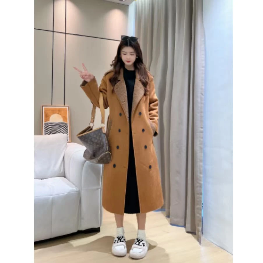 优亨丽-加绒加厚一体大衣秋冬复古美拉德宽松百搭中长款外套32513