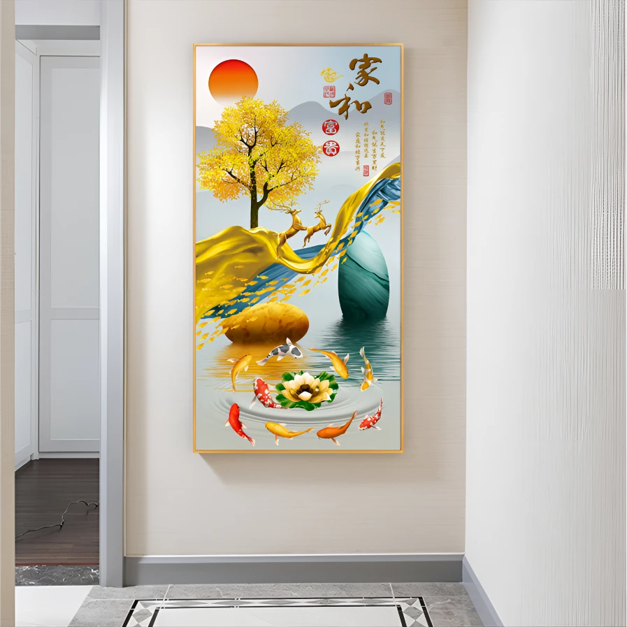 新款家和万事兴玄关装饰画走廊壁画大气简约九鱼图挂画高级感轻奢