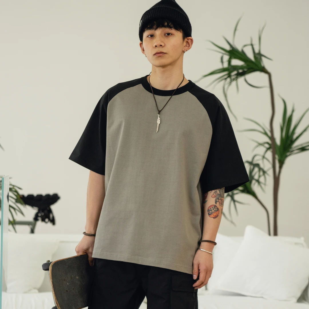 PrintsCrew重磅320克插肩袖t恤短袖T恤撞色纯棉宽松半袖男款上衣