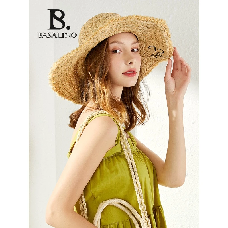 2023新款毛边拉菲草帽女士时尚沙滩大檐帽手工编织帽防晒拉菲草帽
