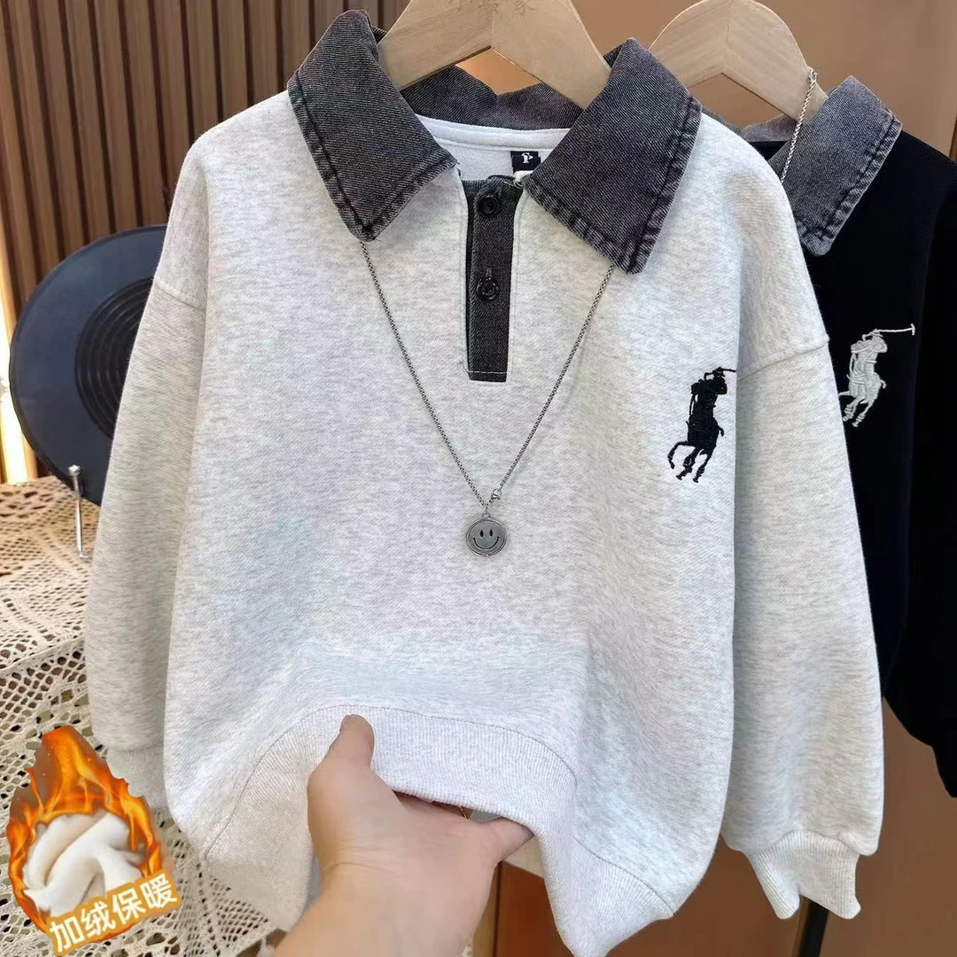 牛仔领加绒POLO衫~姐弟加绒新款韩版时尚卫衣