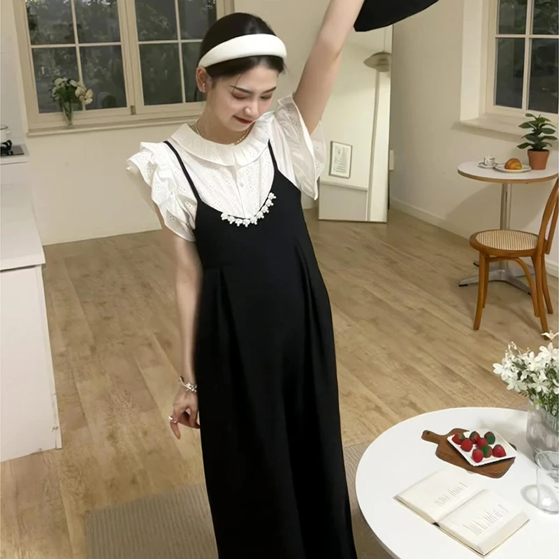 盐系穿搭御姐高级感飞飞袖衬衫时尚显瘦黑色吊带连体裤套装两件套