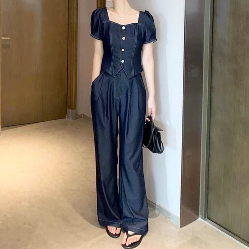 高级气质薄款夏季显瘦T恤上衣+休闲直筒裤时尚套装高腰长裤两件套