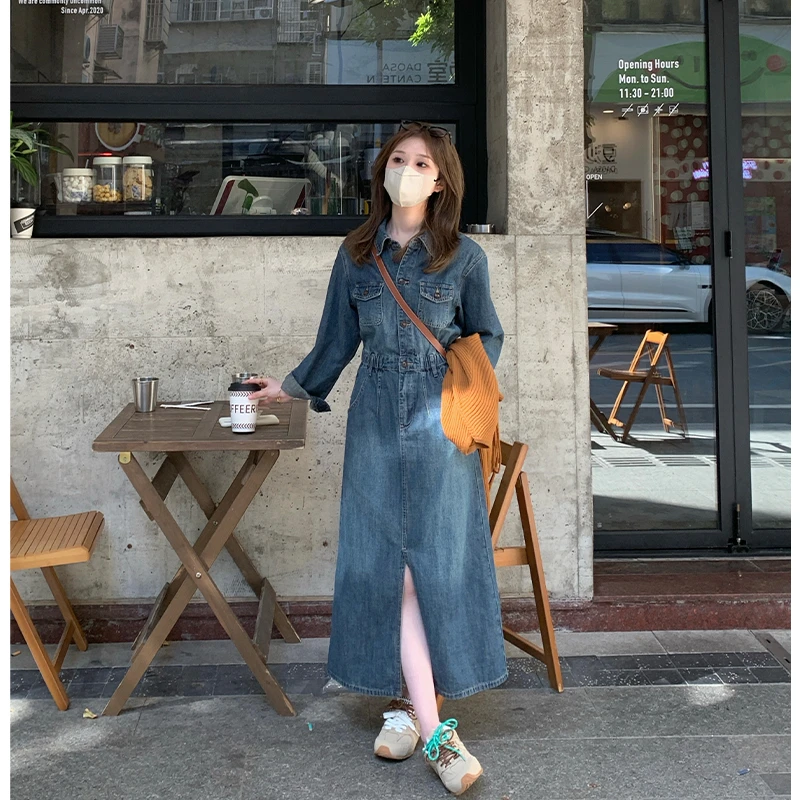 FUGUI RICH【复古唱片】牛仔连衣裙中长款水洗做旧裙子 26243L7980