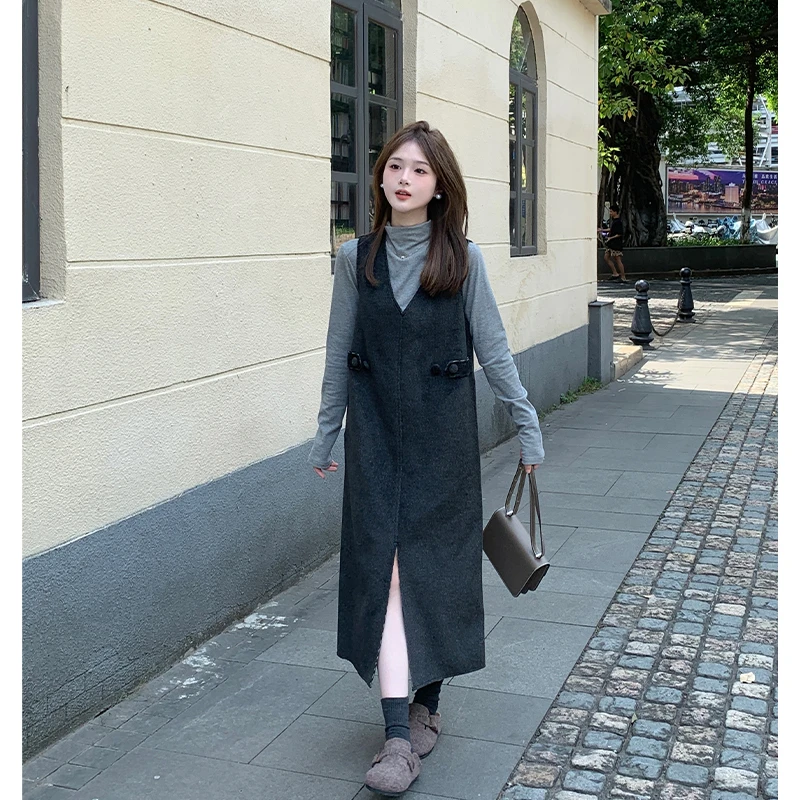 FUGUI RICH【摩卡时光】小个子V领连衣裙中长款背心裙子 26243L5376