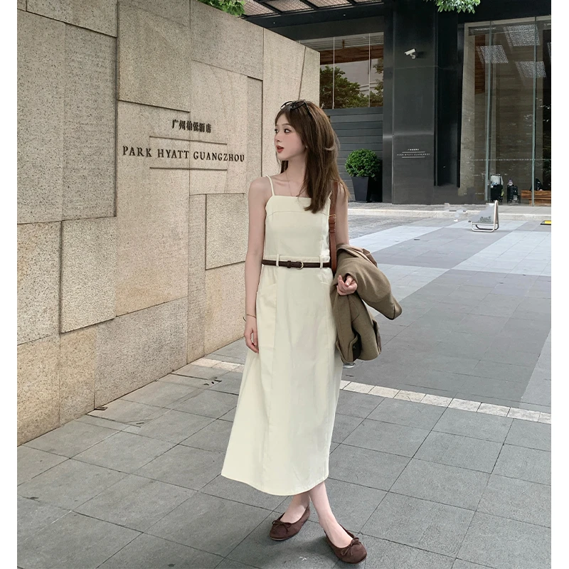 FUGUI RICH【轻风白茶】小个子法式吊带连衣裙方领长裙 26242L3870