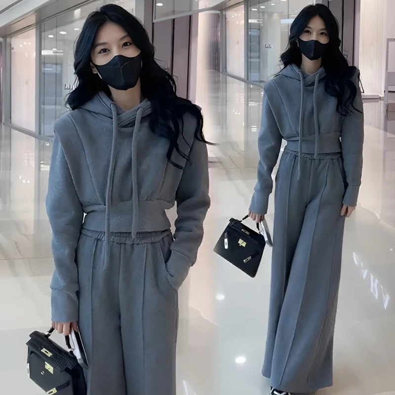 休闲春秋新款套装女宽松秋季短款连帽卫衣高腰阔秋季宽松阔腿套装
