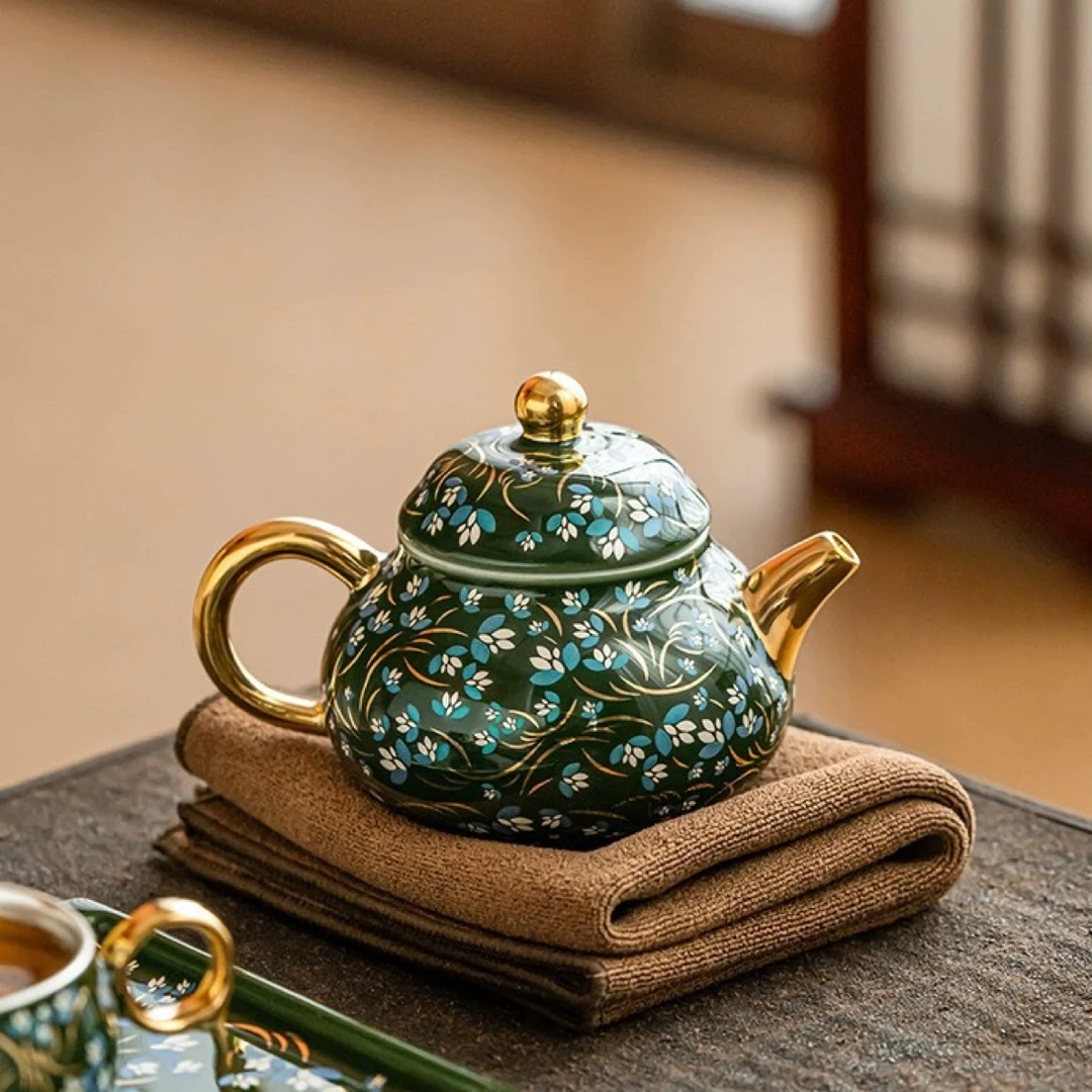新中式家用陶瓷功夫茶具翡翠绿茶壶茶盘瓷包银品茗杯礼盒装D313