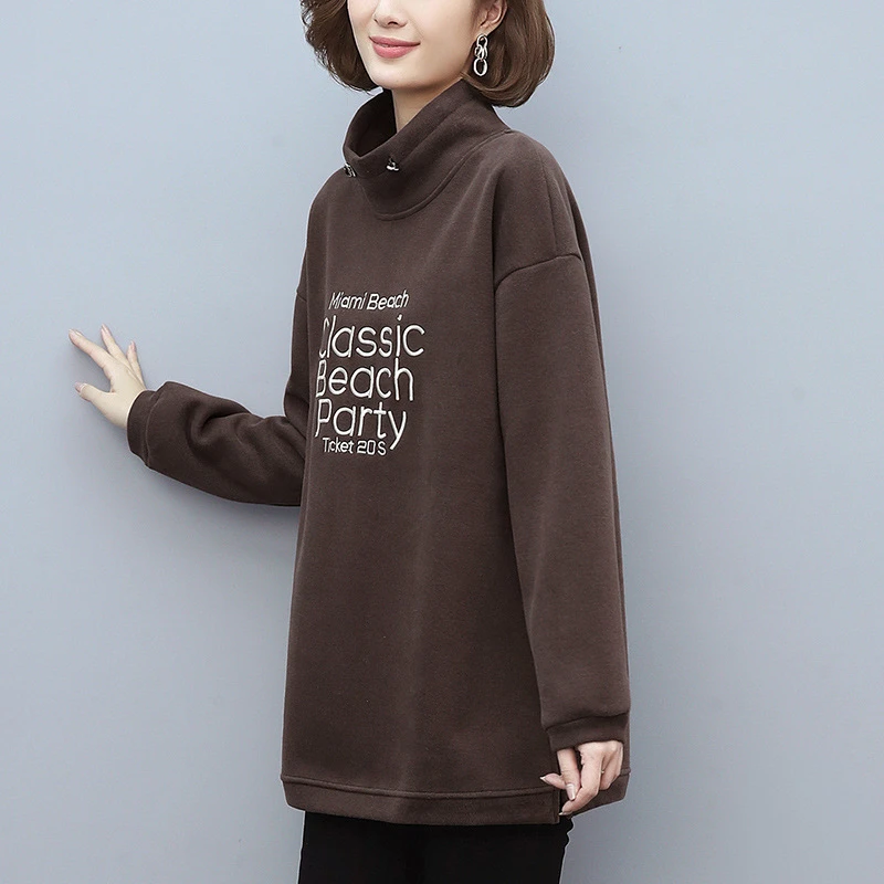 1323女士高端冬季加绒卫衣女加厚中年大码宽松高领外套中老年妈妈