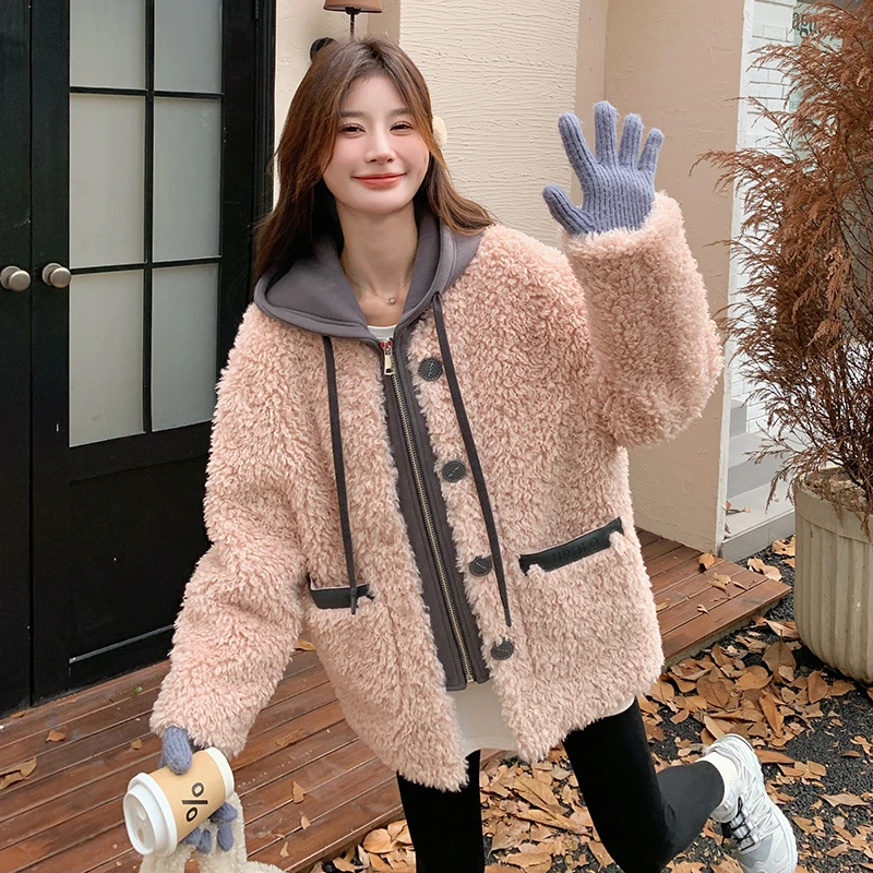 新款潮牌女装粉色假两件连帽毛衣外套上衣女新款韩系皮毛一体棉服