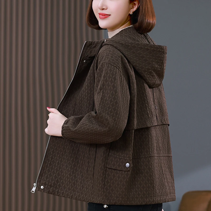 时尚洋气休闲连帽口袋短外套风衣宽松韩版中年百搭中老年秋季