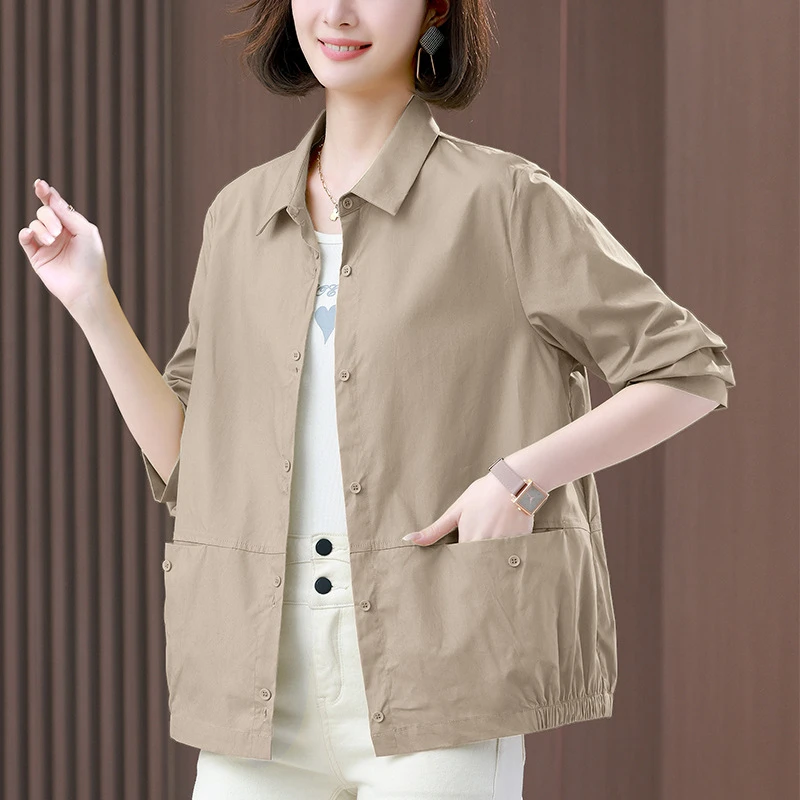 3255长袖衬衫女大码宽松休闲短款小个子中年妈妈纯棉薄款单层外套