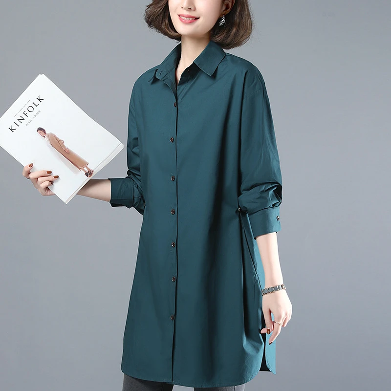 9107衬衫女中长款新款四十岁妈妈早秋长袖上衣春宽松洋气纯棉衬衣