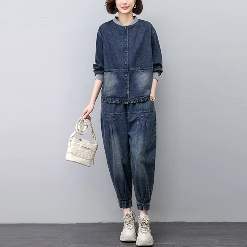 妈妈春秋时尚洋气牛仔外套2023新款中老年女装休闲运动套装两件套