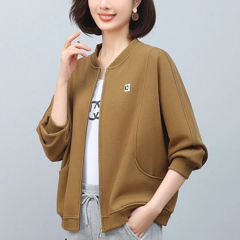 棒球服运动上衣女春秋薄款2024新款休闲中年妈妈短款开衫卫衣外套