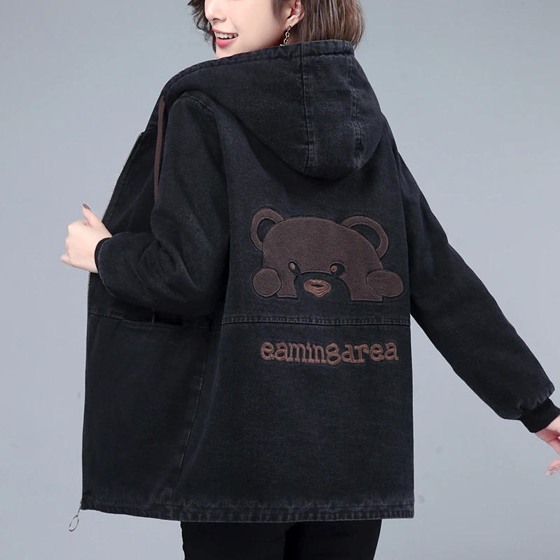 8132牛仔加绒外套女2024年秋冬新款中年宽松加厚上衣女士洋气棉衣