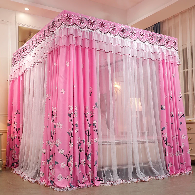 宫廷落地三开门蚊帐布帘双层一体式床帘防风公主卧室家用新款蚊帐
