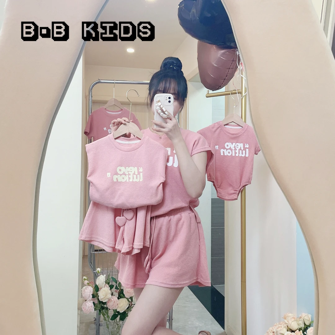 【碧宝家】新款夏季粉色字母上衣婴儿爬服亲子装女童套装短袖t恤