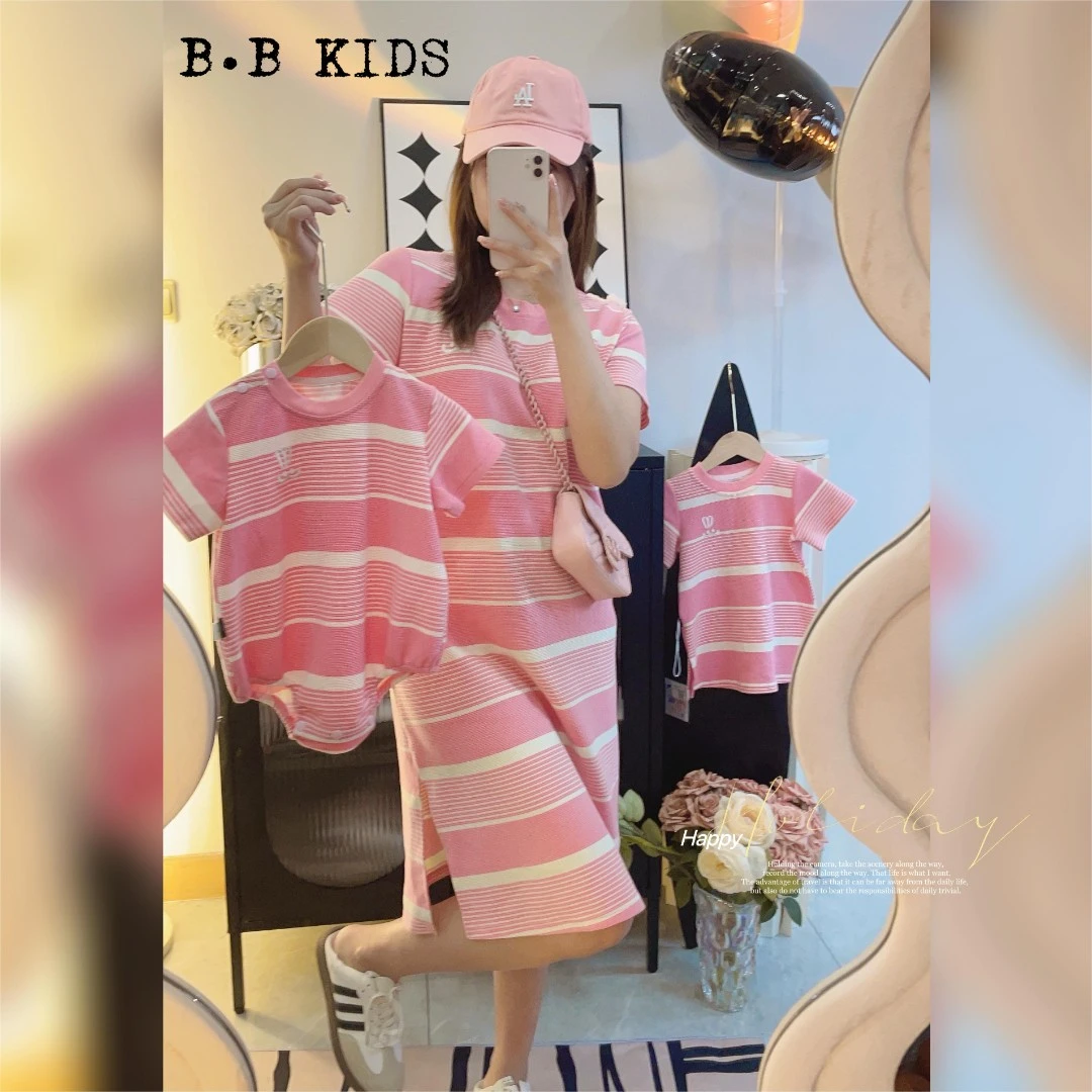 碧宝家～新款粉色条纹婴儿亲子装一家三口四口全家装连衣裙母女装