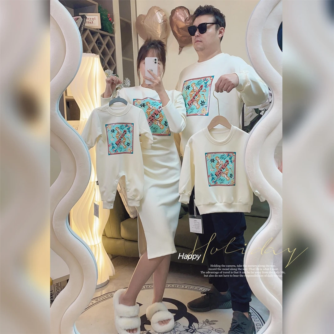 碧宝家~新款中国风婴儿爬服亲子装一家三四口全家装卫衣裙春秋