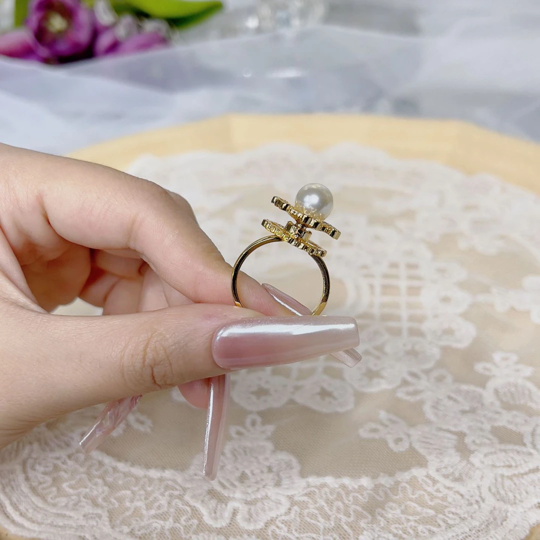 非金属仿珍珠戒指 韩版小众精致高级感开口女食秀气旋转戒指